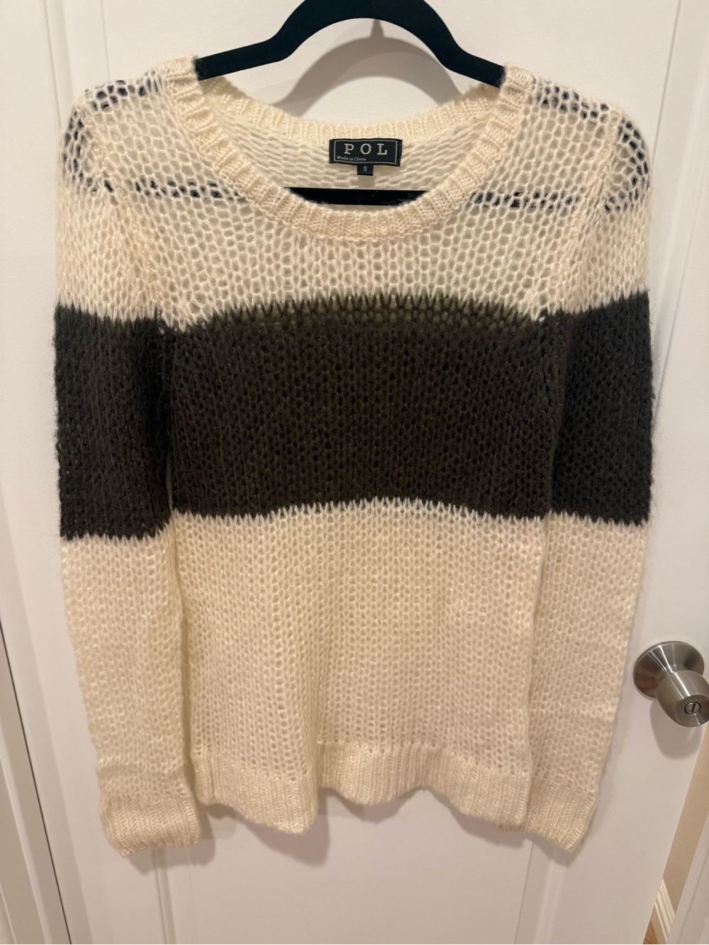 POL Cream Open-Knit Crewneck Sweater with Dark Brown Stripe